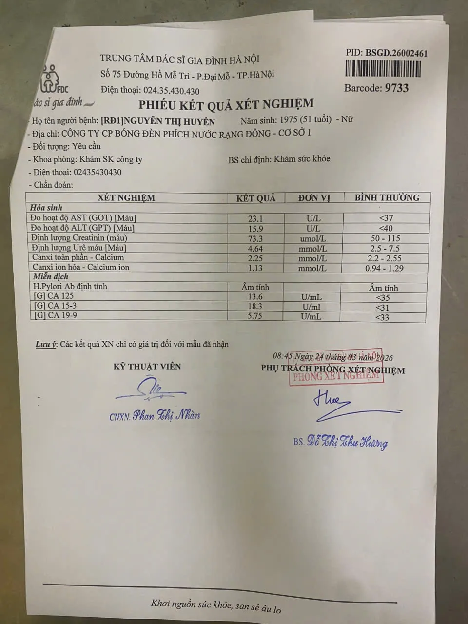 Kết quả xét nghiệm men gan, chức năng thận, mỡ máu và ung thư của chị Huyền đều tốt